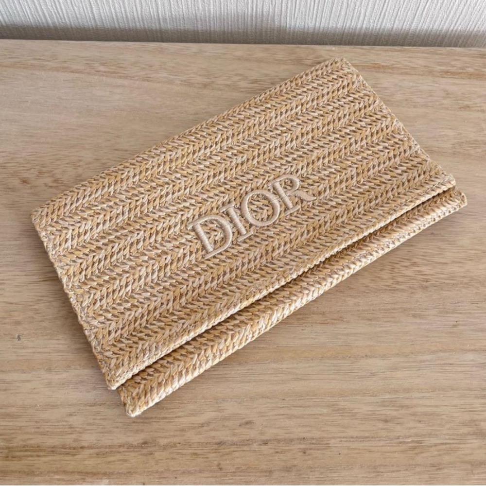 Dior Beige Woven Straw Fold-Over Clutch